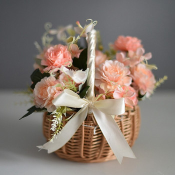 Ψάθινο υφαντό καλάθι λουλουδιών, με λαβή, καλάθια γαμήλιων λουλουδιών, για διακόσμηση κήπου σπιτιού