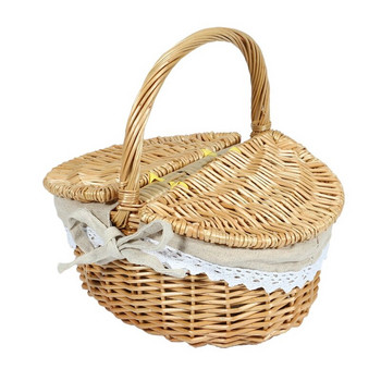 Ръчно изработена плетена кошница с дръжка, плетена къмпинг кошница за пикник с двоен капак, кошница за пазаруване с кошница с платнена линия