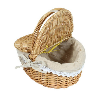 Ръчно изработена плетена кошница с дръжка, плетена къмпинг кошница за пикник с двоен капак, кошница за пазаруване с кошница с платнена линия