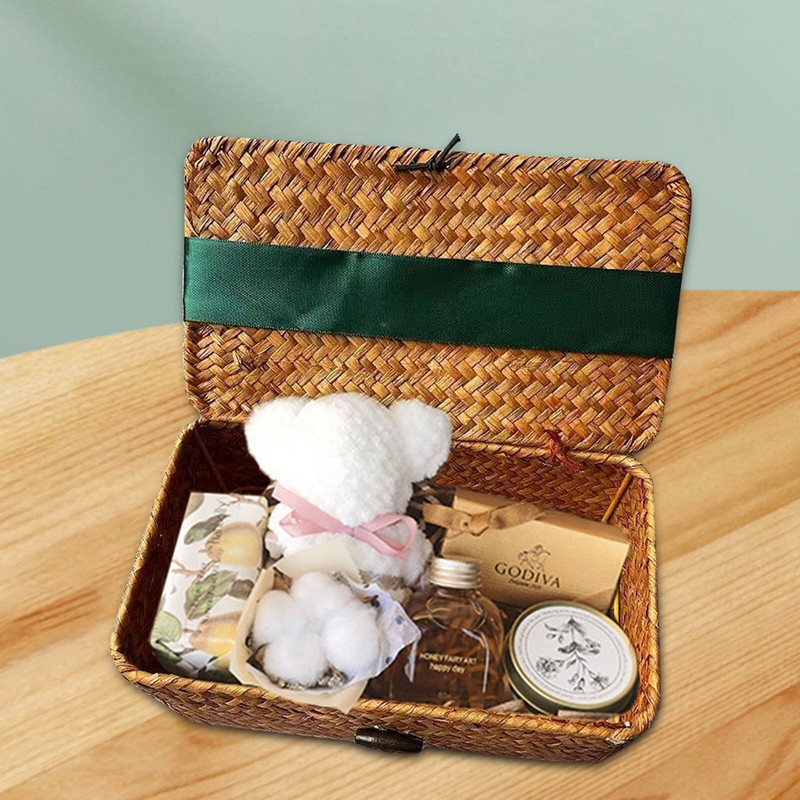 Coșuri dreptunghiulare din iarbă de mare cu capace Cutii de depozitare decorative stivuibile Cutii de cadouri Coș organizator de depozitare Utilizare în dulap