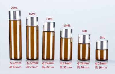 5db/tétel 5ml 8ml 10ml 14ml 16ml 20ml barna üveg palackok ezüst alumínium kupakkal üvegek üvegek üvegek kézműves esküvői dekoráció