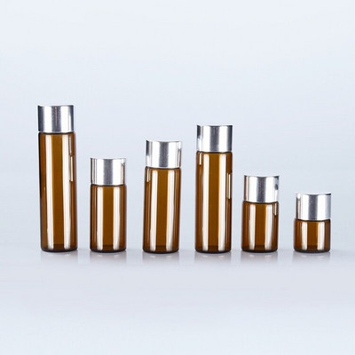 5τμχ/παρτίδα 5ml 8ml 10ml 14ml 16ml 20ml Καφέ γυάλινα μπουκάλια με ασημένιο καπάκι αλουμινίου μπουκάλια γυάλινα φιαλίδια Βαζάκια Craft Wedding Decor