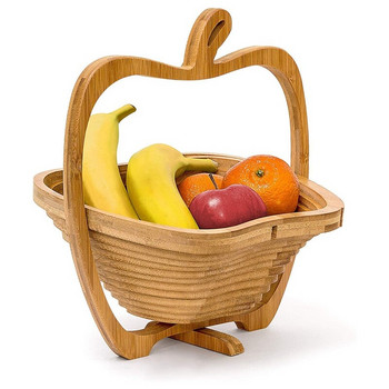 Сгъваема кошница с форма на ябълка, сгъваема кошница с държач за купа с плодове и дъска за рязане Купа с плодове от бамбуково дърво