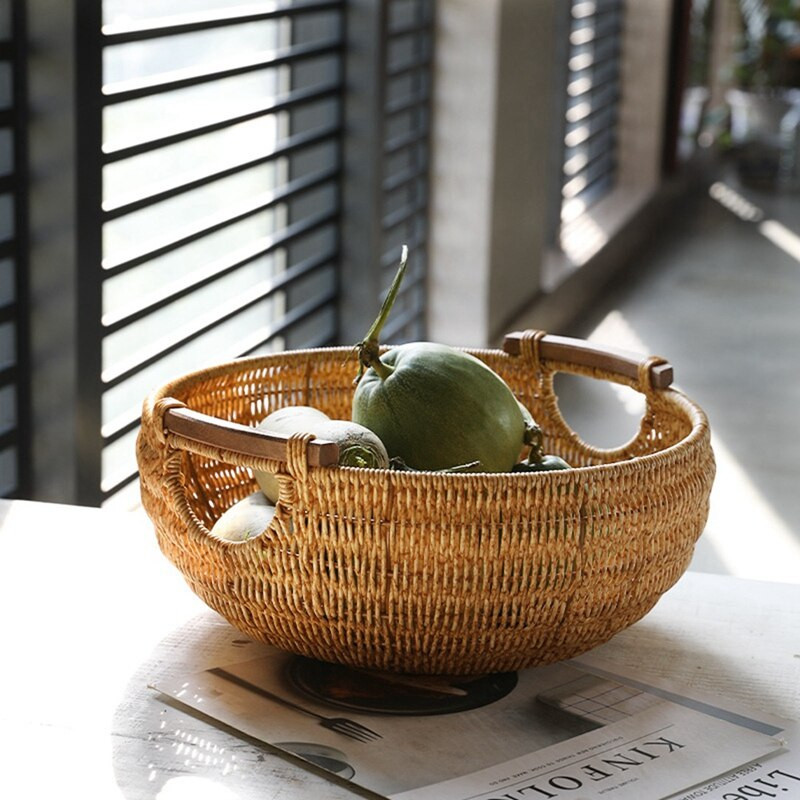 Coș de depozitare pentru fructe, rotund, țesut în stil nordic, din ratan, coș de fructe, coș de pâine, coș de legume, pentru depozitarea gustărilor și articolelor diverse