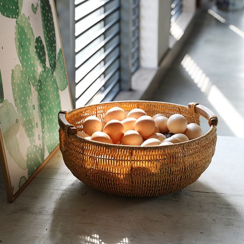 Coș de depozitare pentru fructe, rotund, țesut în stil nordic, din ratan, coș de fructe, coș de pâine, coș de legume, pentru depozitarea gustărilor și articolelor diverse