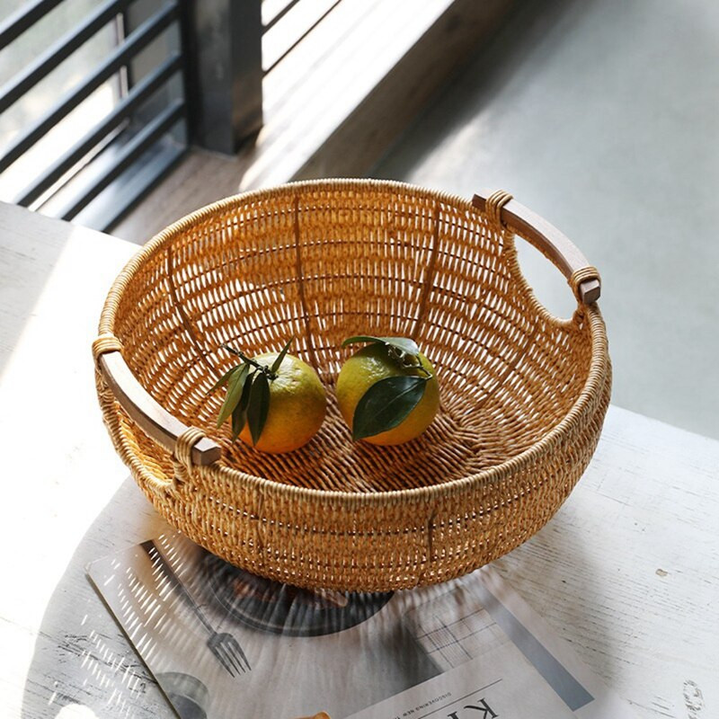 Coș de depozitare pentru fructe, rotund, țesut în stil nordic, din ratan, coș de fructe, coș de pâine, coș de legume, pentru depozitarea gustărilor și articolelor diverse