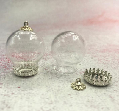 5vnt/stal. 25x15mm skaidraus tuščiavidurio stiklo rutulys su bronzos/sidabro karūnos pagrindo dėklo dangteliu stiklinio buteliuko pakabukas su norų butelių dekoru