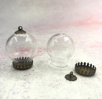 5vnt/stal. 25x15mm skaidraus tuščiavidurio stiklo rutulys su bronzos/sidabro karūnos pagrindo dėklo dangteliu stiklinio buteliuko pakabukas su norų butelių dekoru