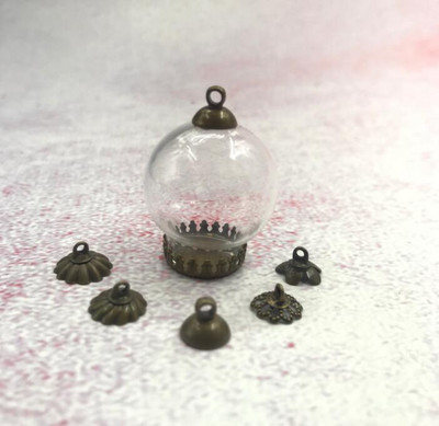 5vnt/stal. 25x15mm skaidraus tuščiavidurio stiklo rutulys su bronzos/sidabro karūnos pagrindo dėklo dangteliu stiklinio buteliuko pakabukas su norų butelių dekoru