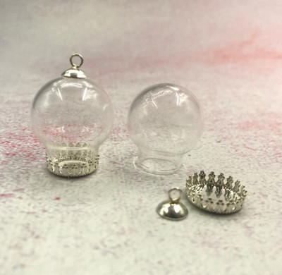 5vnt/stal. 25x15mm skaidraus tuščiavidurio stiklo rutulys su bronzos/sidabro karūnos pagrindo dėklo dangteliu stiklinio buteliuko pakabukas su norų butelių dekoru