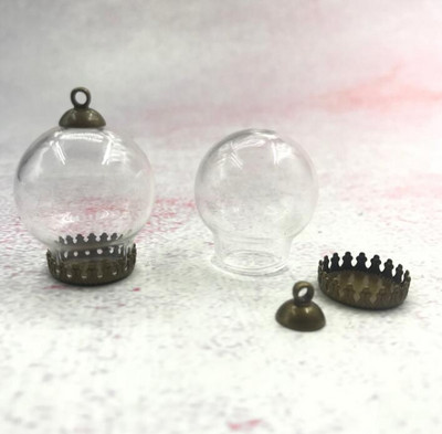 5vnt/stal. 25x15mm skaidraus tuščiavidurio stiklo rutulys su bronzos/sidabro karūnos pagrindo dėklo dangteliu stiklinio buteliuko pakabukas su norų butelių dekoru