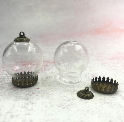 5vnt/stal. 25x15mm skaidraus tuščiavidurio stiklo rutulys su bronzos/sidabro karūnos pagrindo dėklo dangteliu stiklinio buteliuko pakabukas su norų butelių dekoru
