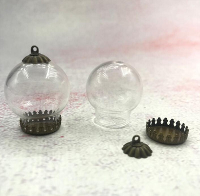 5vnt/stal. 25x15mm skaidraus tuščiavidurio stiklo rutulys su bronzos/sidabro karūnos pagrindo dėklo dangteliu stiklinio buteliuko pakabukas su norų butelių dekoru