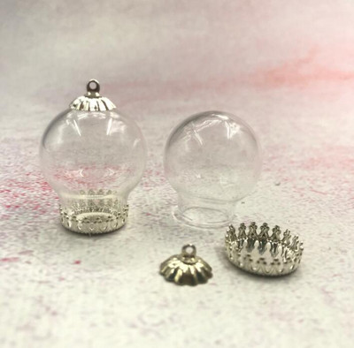 5vnt/stal. 25x15mm skaidraus tuščiavidurio stiklo rutulys su bronzos/sidabro karūnos pagrindo dėklo dangteliu stiklinio buteliuko pakabukas su norų butelių dekoru