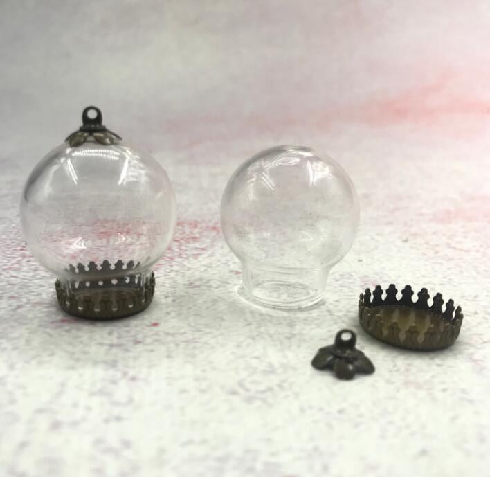 5vnt/stal. 25x15mm skaidraus tuščiavidurio stiklo rutulys su bronzos/sidabro karūnos pagrindo dėklo dangteliu stiklinio buteliuko pakabukas su norų butelių dekoru