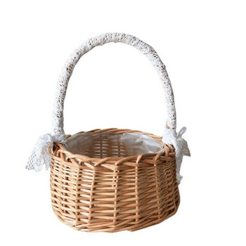 Ратанова ръчно тъкана сватбена кошница с цветя Момиче с цветя, занаяти, ръчно завързани кошници с панделка Кошница за пикник Декоративни кошници