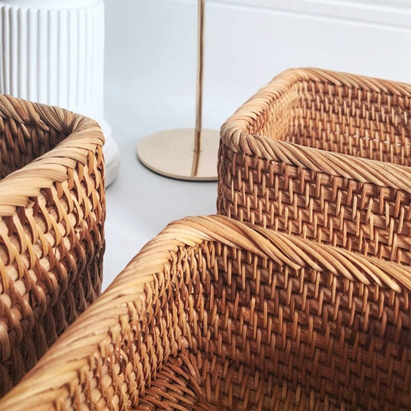 2X rankomis austa stačiakampė rotango pintinė krepšelis vaisių arbatos užkandžių duonos pikniko kosmetikos laikymo dėžutė S