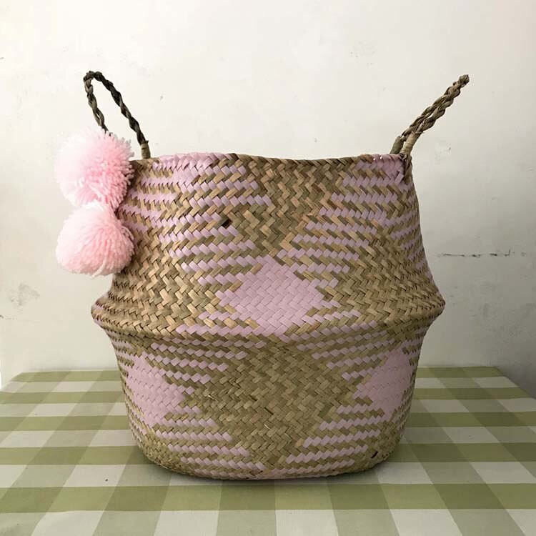 Tengerifű összecsukható, kézzel készített tárolókosár dekoratív rattan növény virágcserép szőtt fonott hasas szennyes kosár lakberendezés 1db