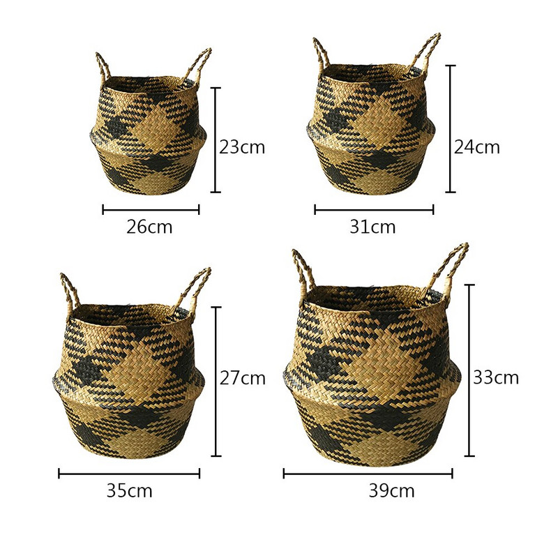 Tengerifű összecsukható, kézzel készített tárolókosár dekoratív rattan növény virágcserép szőtt fonott hasas szennyes kosár lakberendezés 1db