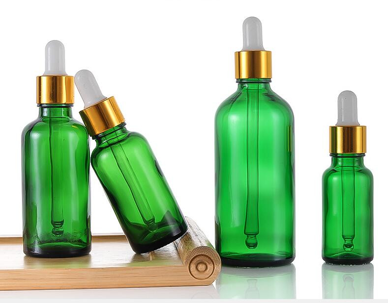 5db Mix Kupakkal újratölthető csepegtetős flakon Zöld illóolaj Üveg Aromaterápiás Folyadék 5-100ml Csepp masszázshoz Pipettás üvegek