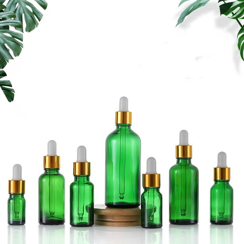 5db Mix Kupakkal újratölthető csepegtetős flakon Zöld illóolaj Üveg Aromaterápiás Folyadék 5-100ml Csepp masszázshoz Pipettás üvegek