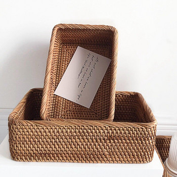 Χειροποίητο ορθογώνιο ψάθινο καλάθι από ρατάν Φρούτα Τσάι Σνακ Ψωμί για πικ-νικ Κουτί αποθήκευσης καλλυντικών Είδη κουζίνας Εργαλεία οικιακής χρήσης