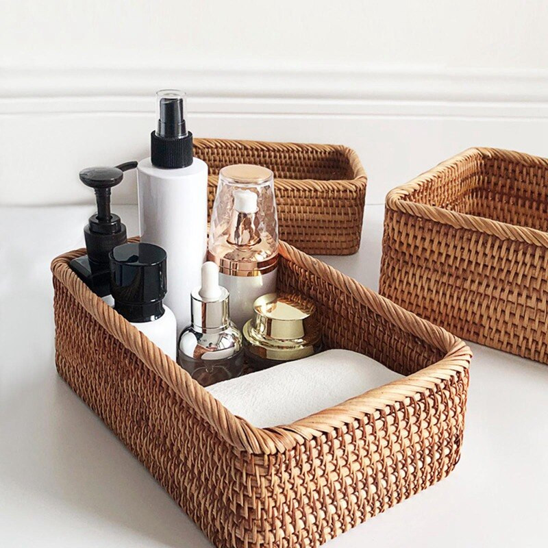 Rankomis austi stačiakampiai rotango pinti krepšeliai vaisių arbatos užkandžiai duona piknikas kosmetikos laikymo dėžutė virtuvės reikmenys buities įrankiai