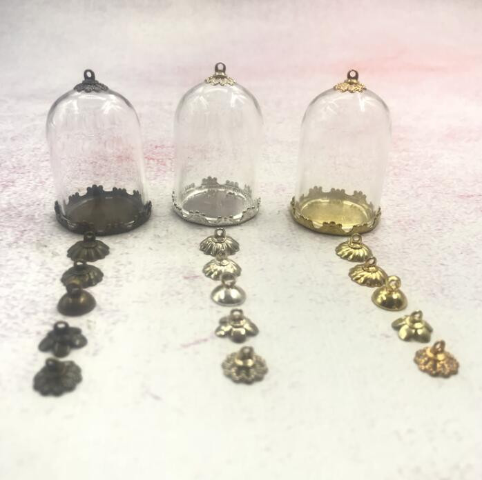 5db/tétel 35x25mm Átlátszó üreges üvegcső bronz/arany/ezüst alap gyöngyökkel kupakkészlet üveg fiolák függő üvegüveg lelet