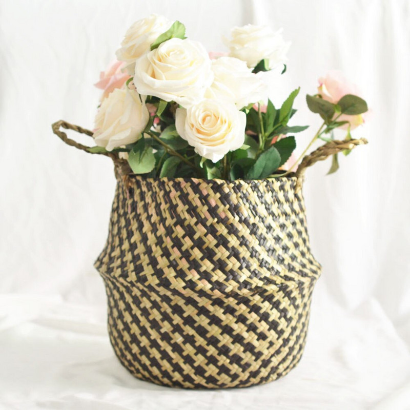 Többfunkciós tárolókosarak Kézzel készített szalmakötés Virágültető cserép Otthoni Kert Hasos kosár Összecsukható Szervező