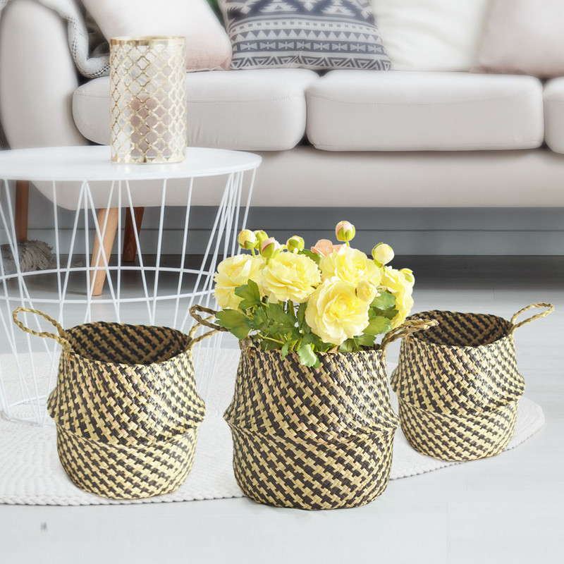 Többfunkciós tárolókosarak Kézzel készített szalmakötés Virágültető cserép Otthoni Kert Hasos kosár Összecsukható Szervező