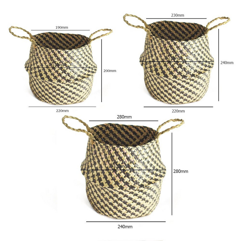 Többfunkciós tárolókosarak Kézzel készített szalmakötés Virágültető cserép Otthoni Kert Hasos kosár Összecsukható Szervező