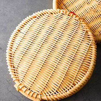 Ръчно тъкана ратанова кръгла кошница Поднос с дръжка Хляб Плодове Съхранение на храна Чиния Чиния За закуска Напитка Снек Кафе Чай