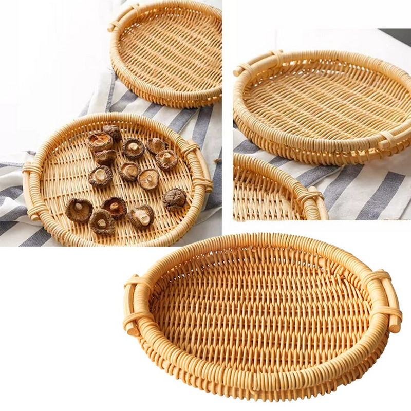 Kézzel szőtt rattan kerek kosártálca fogantyúval Kenyér Gyümölcs Élelmiszer Tároló Tányérok Reggelihez Ital Uzsonna Kávé Tea