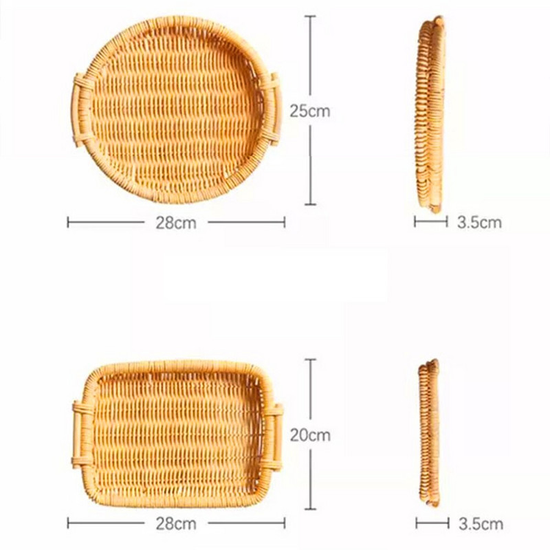Kézzel szőtt rattan kerek kosártálca fogantyúval Kenyér Gyümölcs Élelmiszer Tároló Tányérok Reggelihez Ital Uzsonna Kávé Tea
