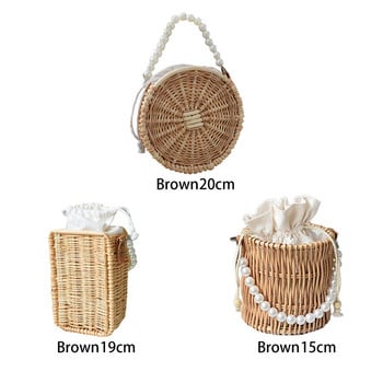 Στρογγυλή υφασμένη τσάντα Rattan Handbag Beach Tote Καφέ χαριτωμένο που δεν περιέχει άχυρο, στρογγυλή ξύλινη λαβή, χειροποίητο καλάθι