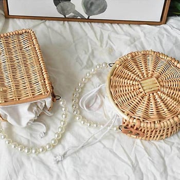 Στρογγυλή υφασμένη τσάντα Rattan Handbag Beach Tote Καφέ χαριτωμένο που δεν περιέχει άχυρο, στρογγυλή ξύλινη λαβή, χειροποίητο καλάθι