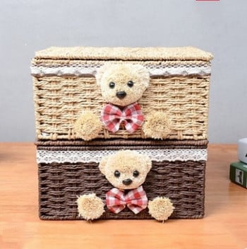 Creative Cute Bear Rattan Basket Desktop Sundries Toy Storage Organizer Κάλτσες Κουτί εσωρούχων Καλάθι για το σπίτι Διακοσμητικό ψάθινο καλάθι