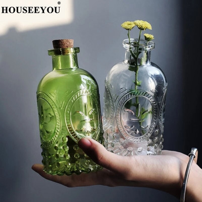 250 ml Zakka Retro vaas nikerdatud korgist lauaplaadiga klaaspudeli vaas aroomiteraapia pudel kodukaunistus