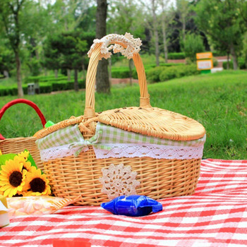 Кошница за пикник Кошница с естествена плетена дръжка с двоен капак и платнена подплата за контейнер за различни храни Кошница за съхранение на плодове