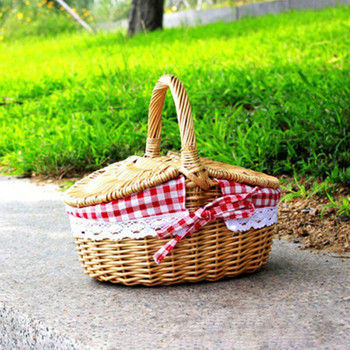 Кошница за пикник Кошница с естествена плетена дръжка с двоен капак и платнена подплата за контейнер за различни храни Кошница за съхранение на плодове