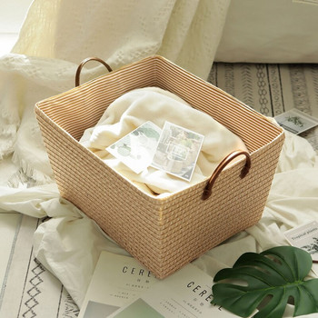 Ратанова кошница за съхранение Тъкан правоъгълен плетен контейнер за пране Органайзер за многократна употреба Декорация на кутия за работен плот
