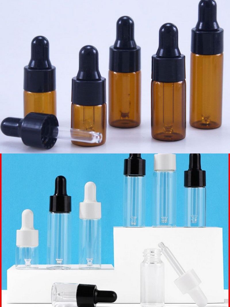 10db Üres 1ml 2ml 3ml 5ml csepegtetős üvegpalack hordozható aromaterápiás illóolaj átlátszó mini flakon átlátszó/borostyánsárga fiola