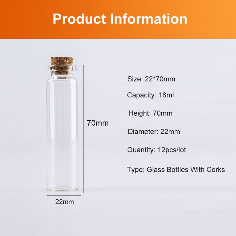18ml-es 22*70mm-es tároló üvegpalackok parafa dugóval átlátszó üres üvegedény Üzenet esküvői dekorációs flakon 12db