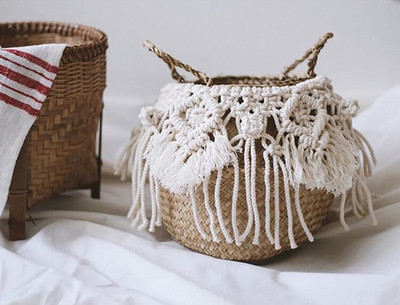 Cestas De Mimbre Decorativas Rattan kosár Bohém bojt Fonott kosárkert Makramé bojttal Home Organizer Panier Osier