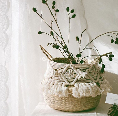 Cestas De Mimbre Decorativas Rattan kosár Bohém bojt Fonott kosárkert Makramé bojttal Home Organizer Panier Osier