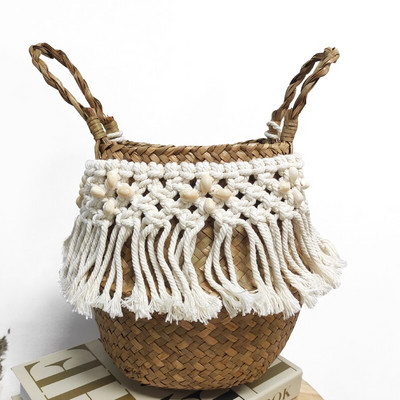 Cestas De Mimbre Decorativas Rattan kosár Bohém bojt Fonott kosárkert Makramé bojttal Home Organizer Panier Osier