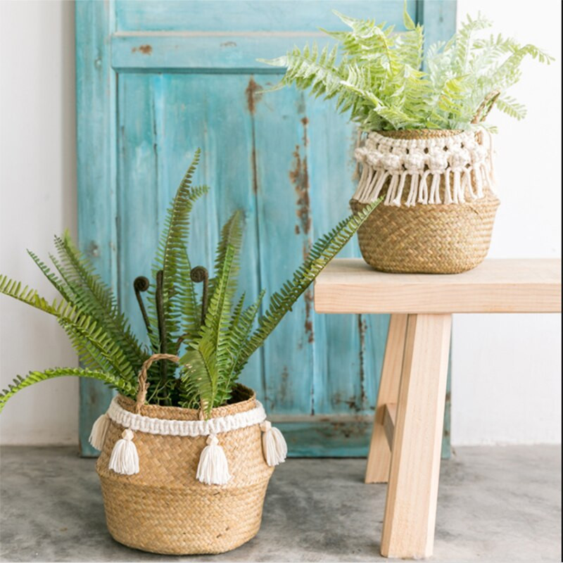 Cestas De Mimbre Decorativas Rattan kosár Bohém bojt Fonott kosárkert Makramé bojttal Home Organizer Panier Osier
