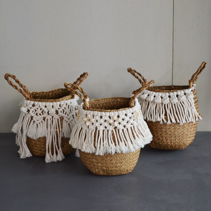 Cestas De Mimbre Decorativas Rattan kosár Bohém bojt Fonott kosárkert Makramé bojttal Home Organizer Panier Osier