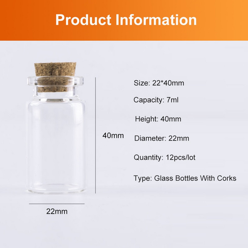 12vnt 22*40mm 7ml mini stiklinis buteliukas su kamščiais Dekoratyvinis laikymo indelis Norų butelis skaidrus tuščias stiklinis indelis