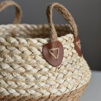 Кошница с морска трева Ръчно плетена коремна кошница с дръжка Голямо място за съхранение Пране Растение за пикник Капак за саксия Тъкана сламена чанта Сгъваема